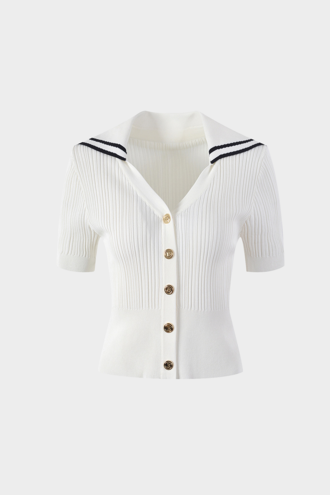 Sailor Collar Ribbed Knit Button Up Top
