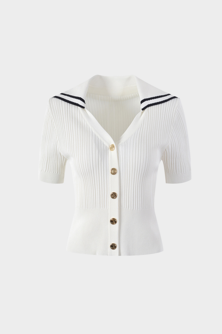 Sailor Collar Ribbed Knit Button Up Top