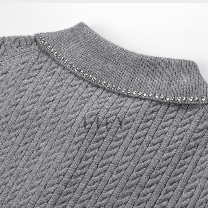 Maryln Rhinestone Lapel Ribbed Knit Cardigan Top