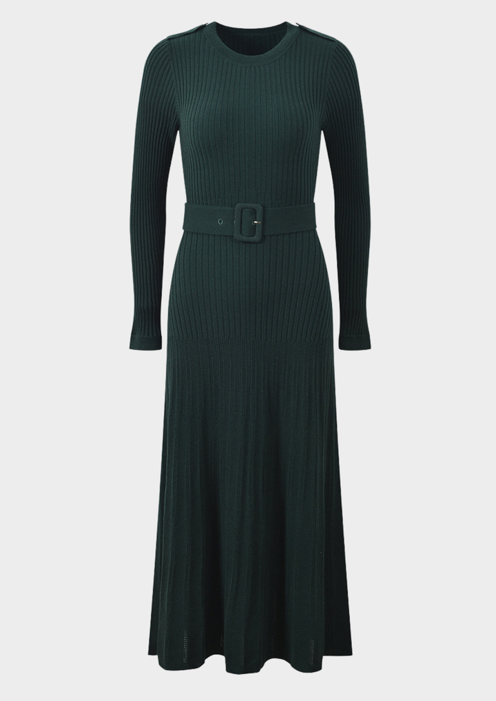 Classic Rib Belted Wool Knit Maxi Dress