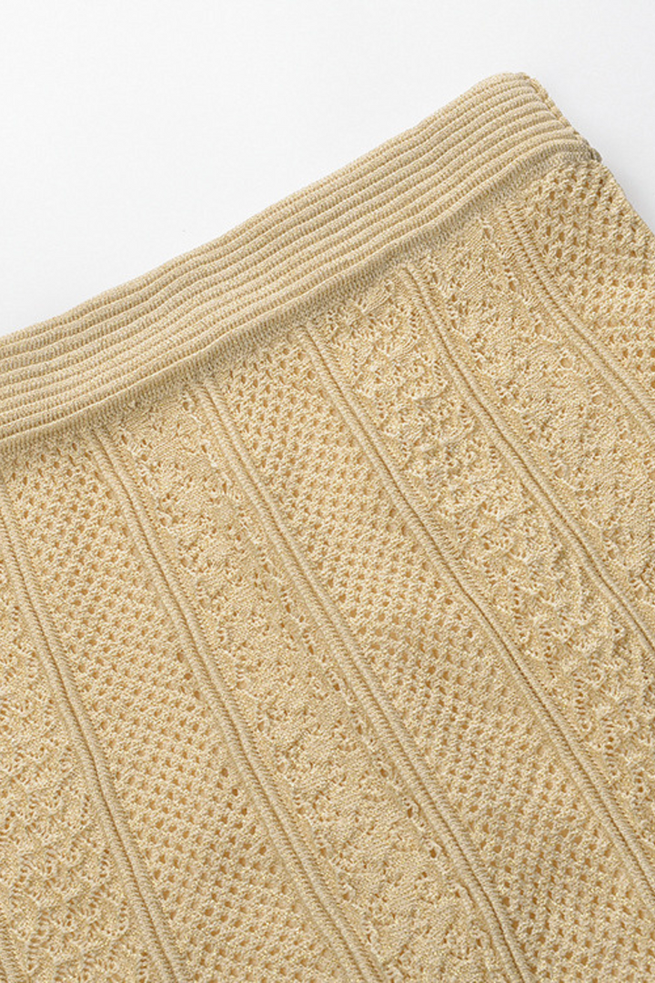 Beige Hollow Knitted Viscose Pearl Button Cardigan & Maxi Skirt Set