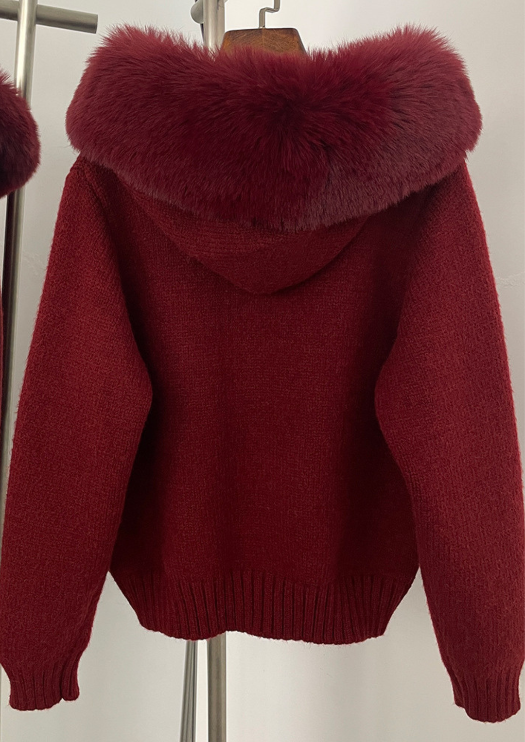 Fox Fur Collar Soft Wool Hooded Cardigan Top