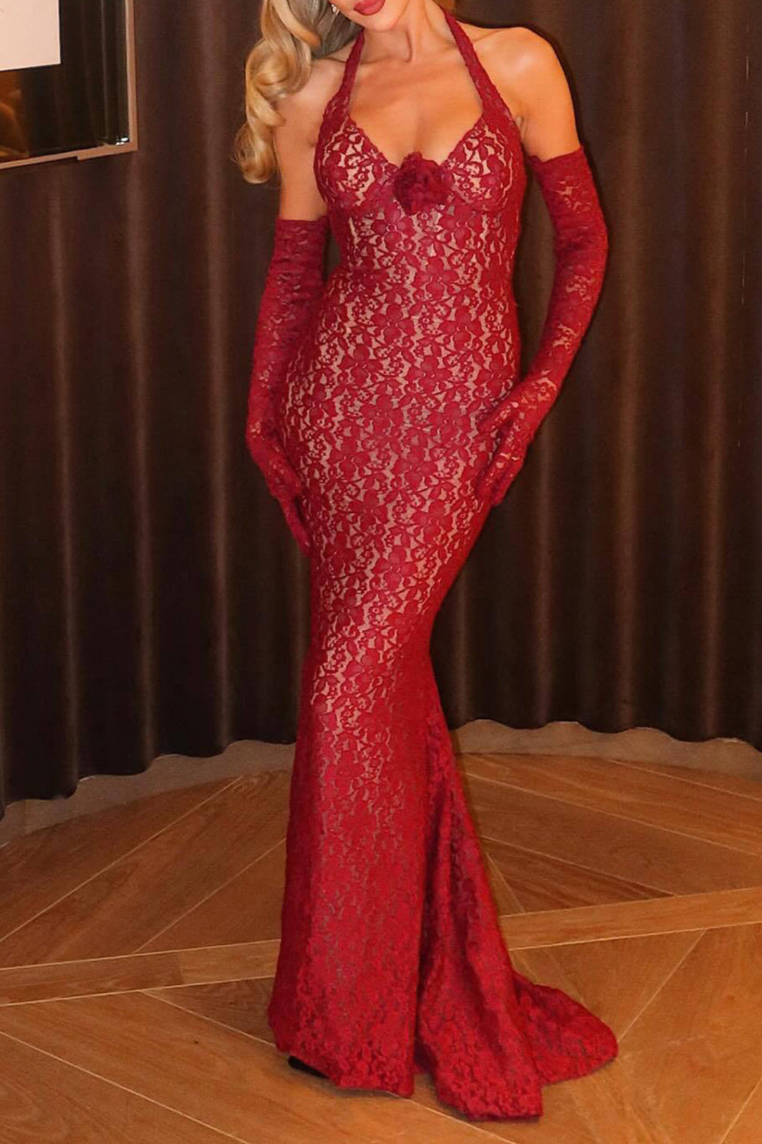 Scarlet Fishtail Elegance Lace Halter Maxi Dress