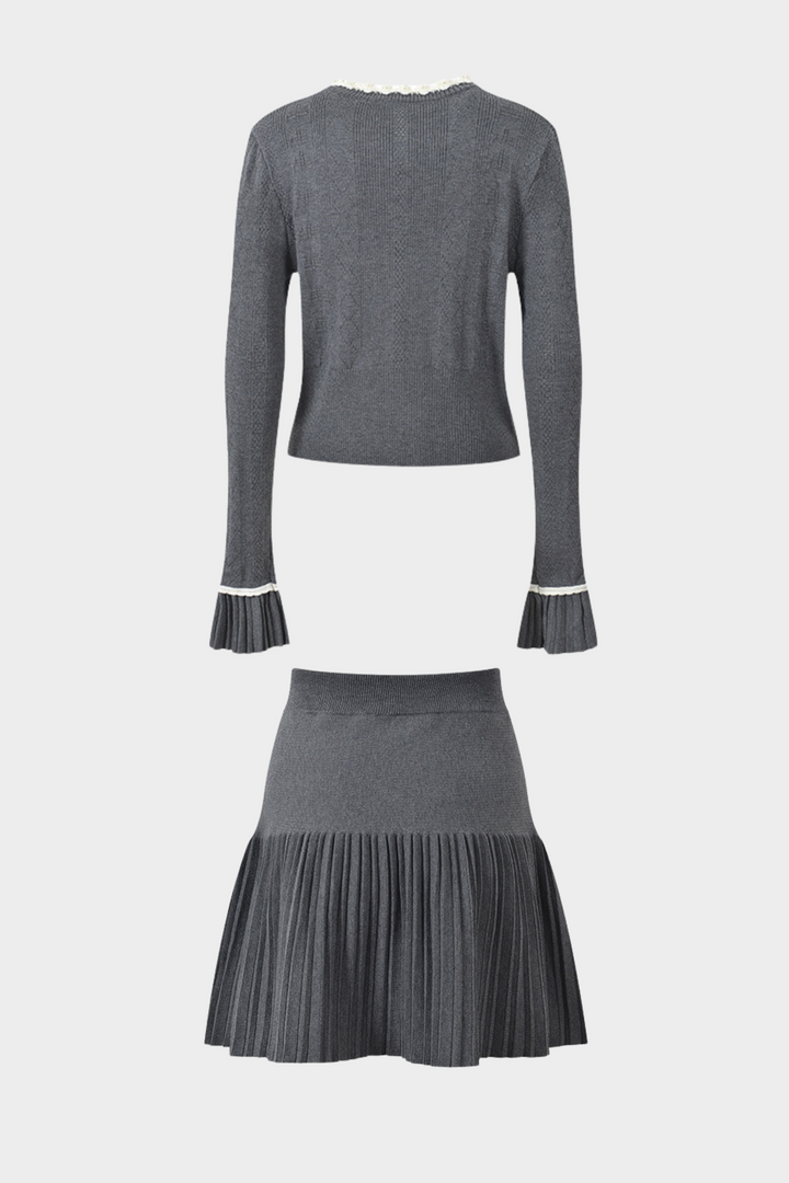 Grey Pleated Mini Skirt with Pearl Flower Waistline