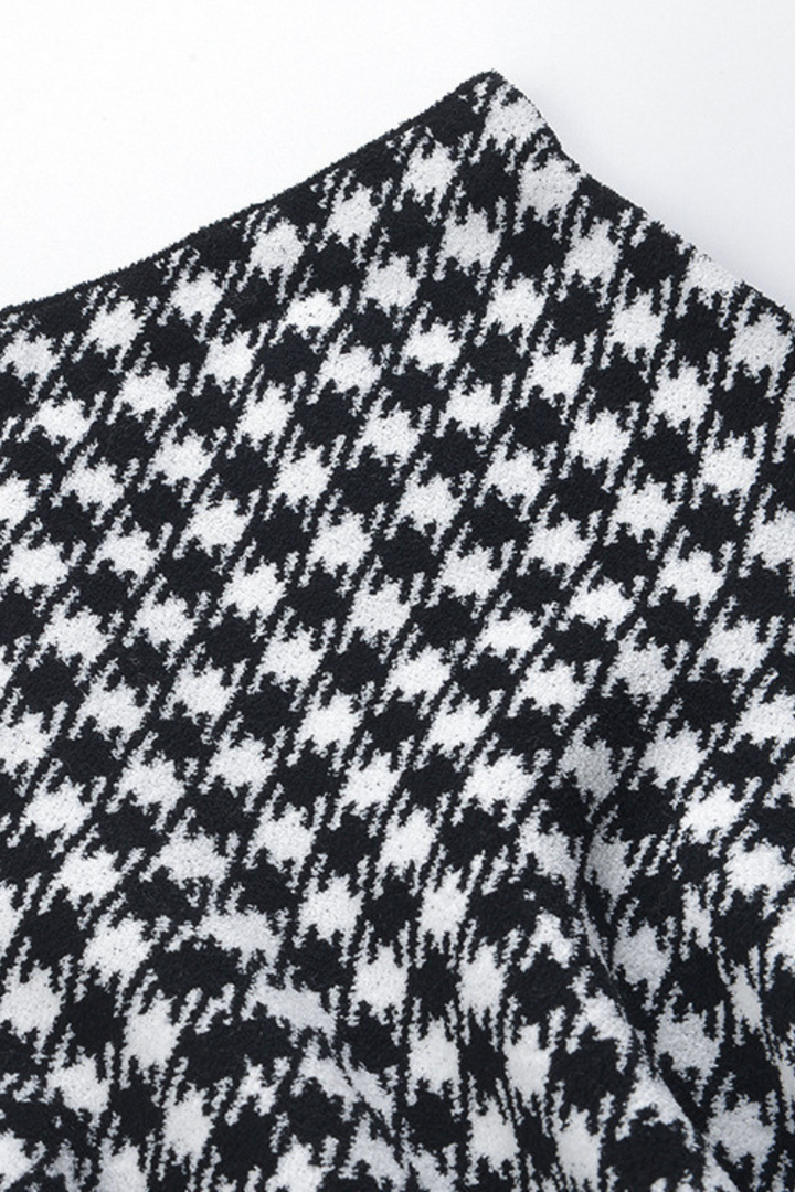 Chic Knit Houndstooth Long Sleeve Mini Skirt Set