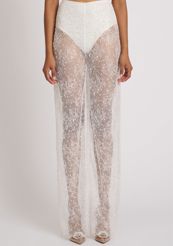 Tailored Blazer Sheer Lace Wide Leg Trouser Set