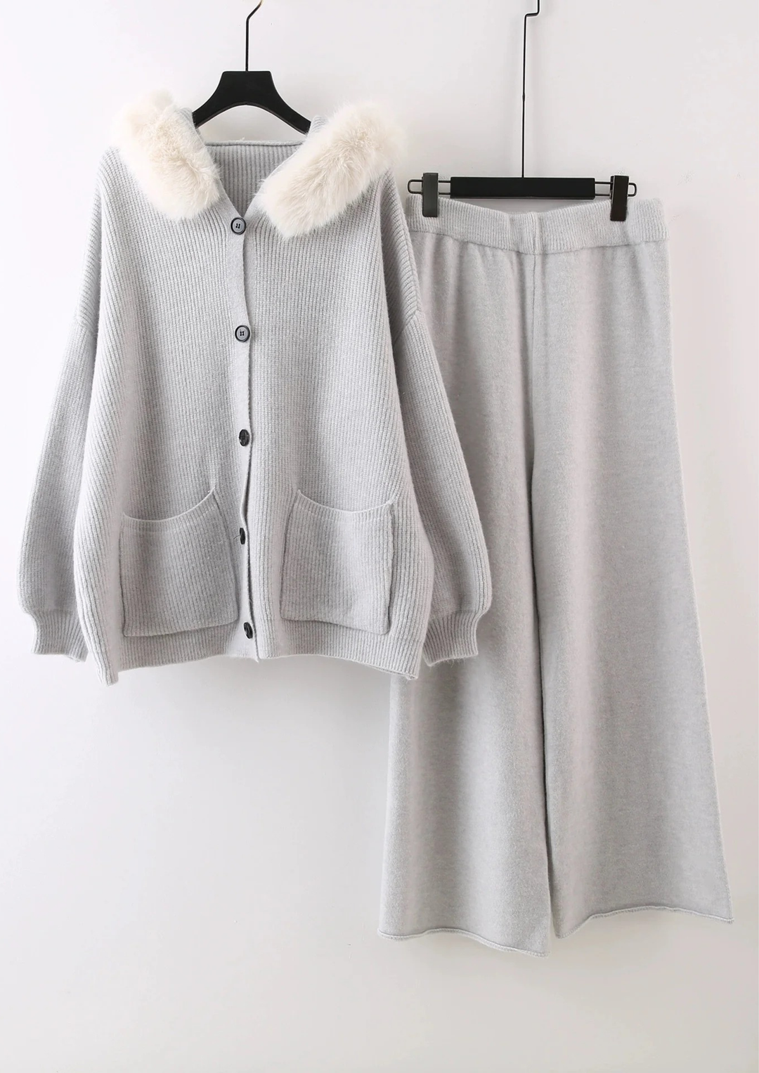 Comfy Gia Fur Collar Wide Leg Hooded Knit Set