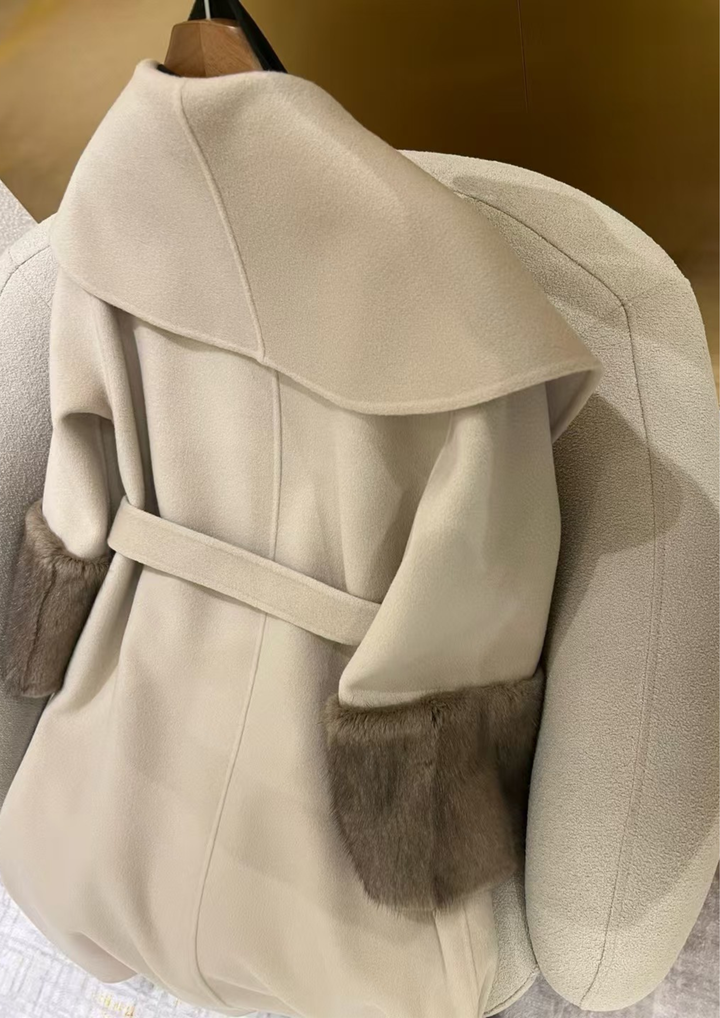 Amara Cashmere Rex Fur Cuff Drape Coat