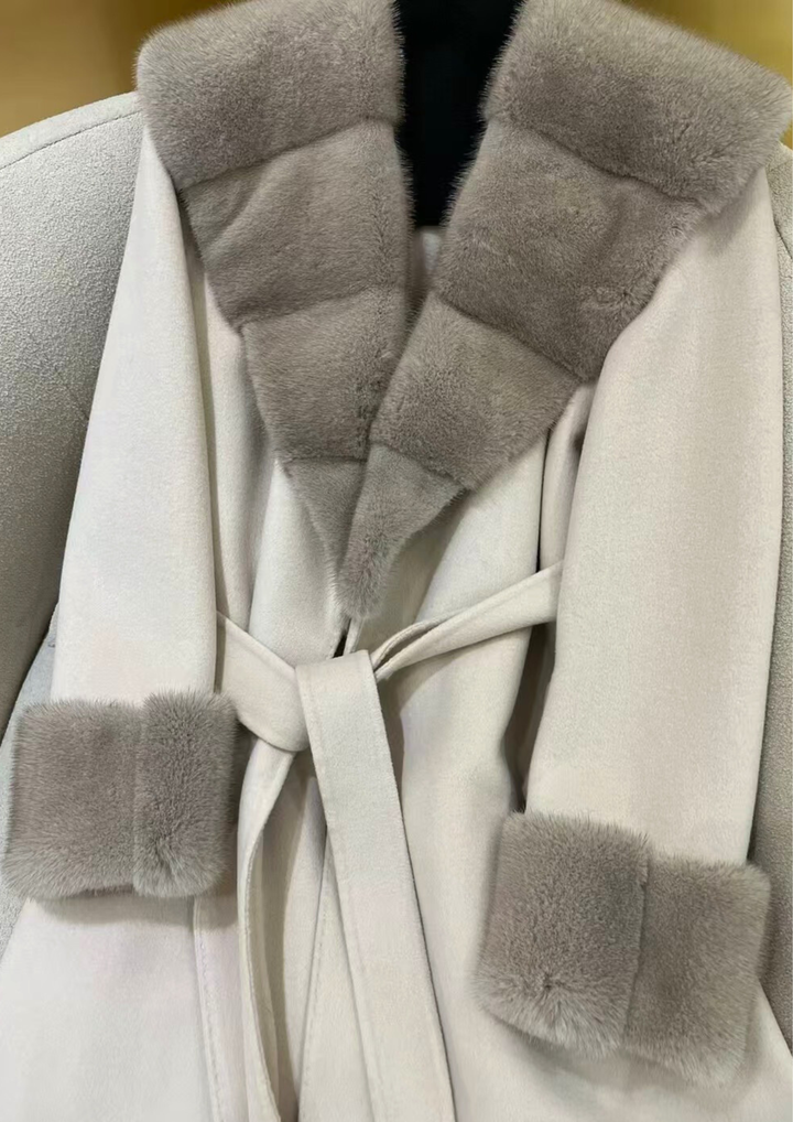 Cashmere Deep V Mink Shawl Collar Coat