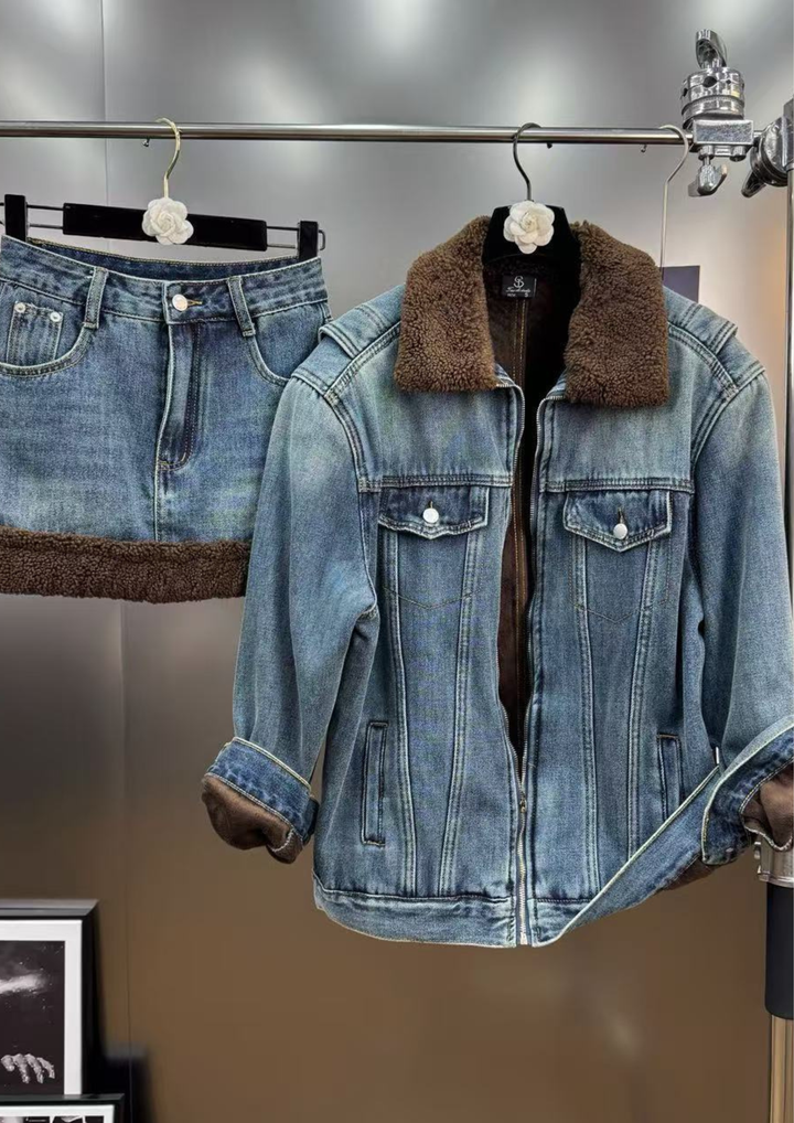 Sienna soft Inner Lamb Wool  Denim Set