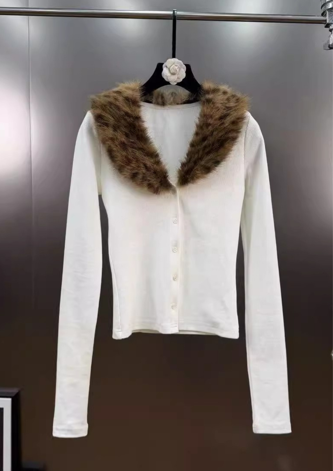 Plush Leopard Fur V Neck Knit Cardigan Top