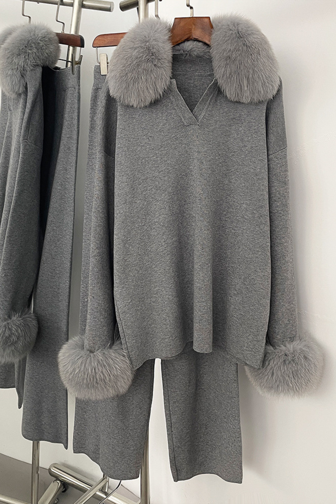 Velora Real Fox Fur Knit Lounge Set - Fur Cuff Edition