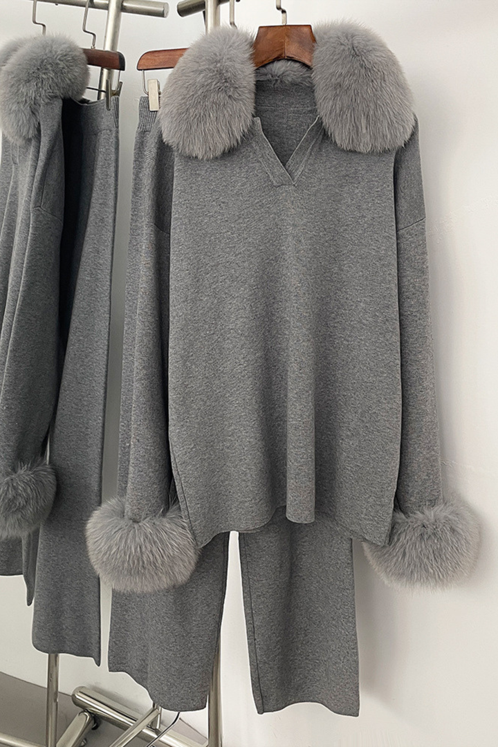 Velora Real Fox Fur Knit Lounge Set - Fur Cuff Edition