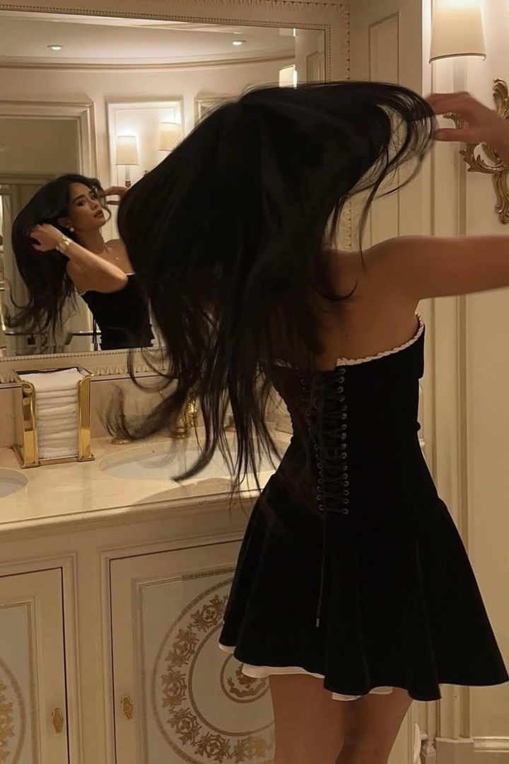 Midnight Elegance Velvet Strapless Back Tie Mini Dress