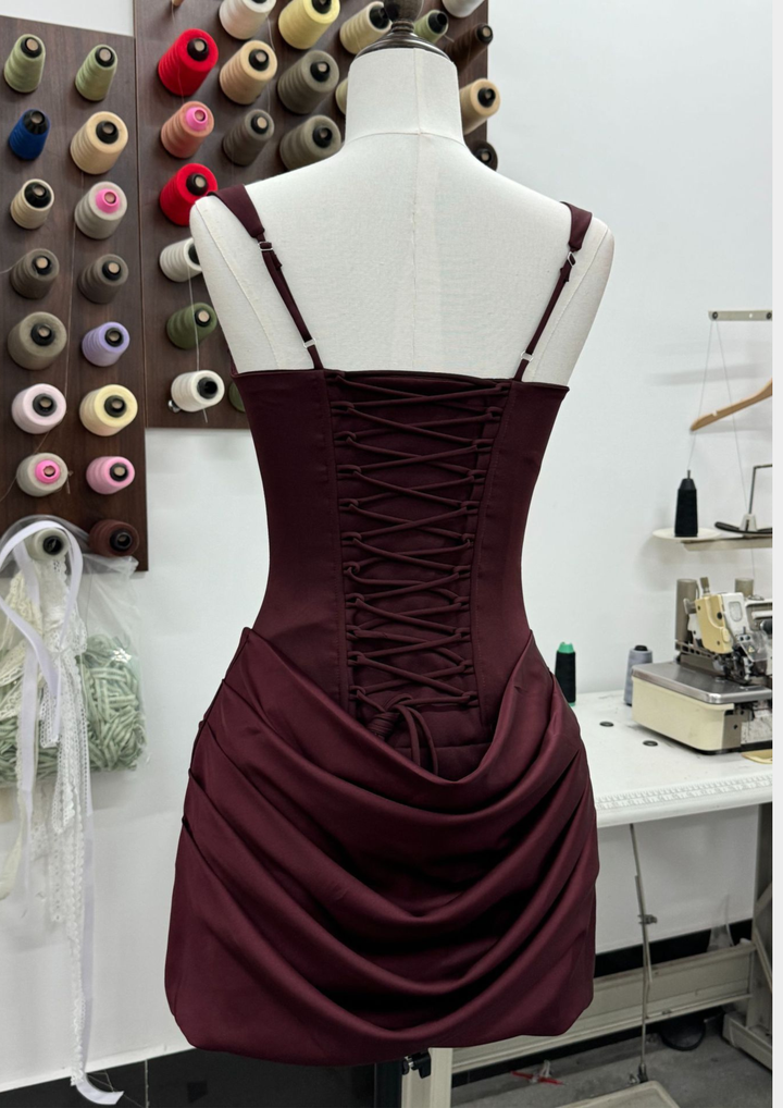 Draped Waist Sculpt Back Lace Mini Dress