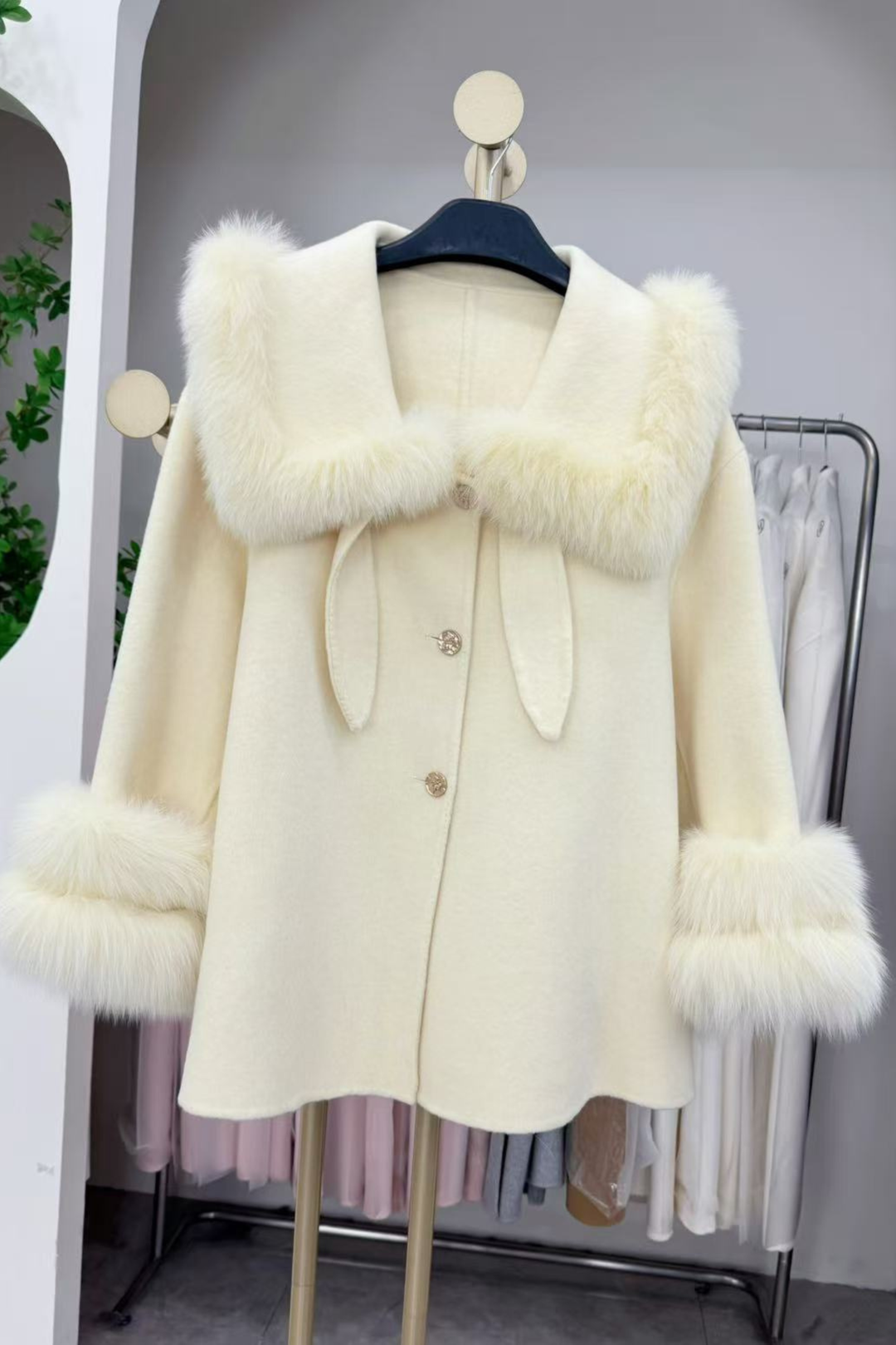 Pastel Plush Fur Collar Cuff Swing Wool Coat