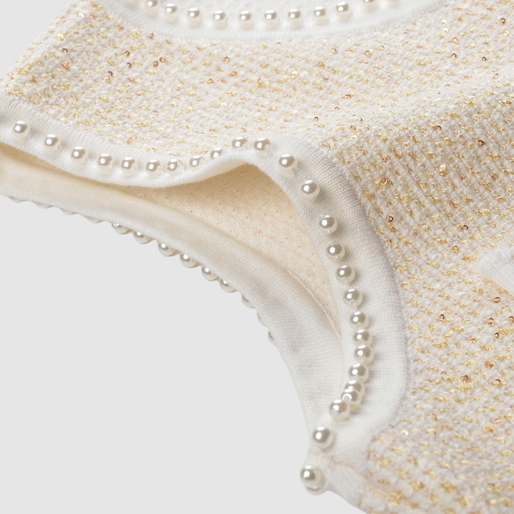 Elegant Golden Pleated Pearl Vest Set