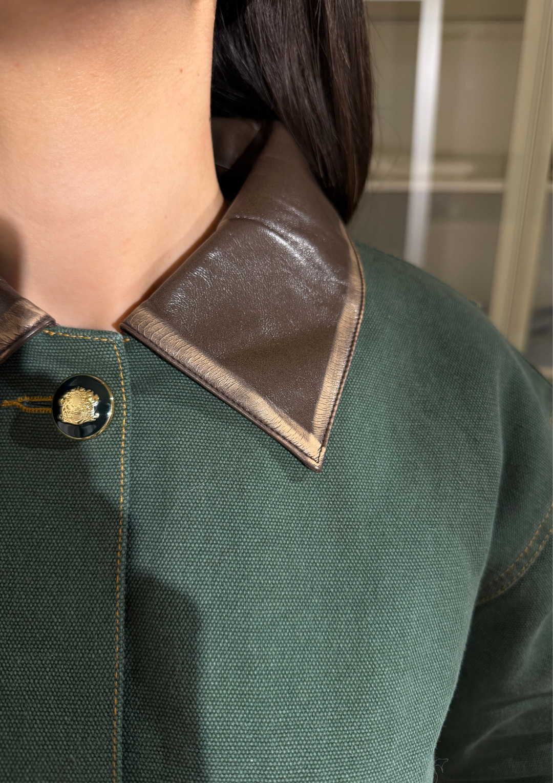 Leather Collar Casual Denim Green Jacket