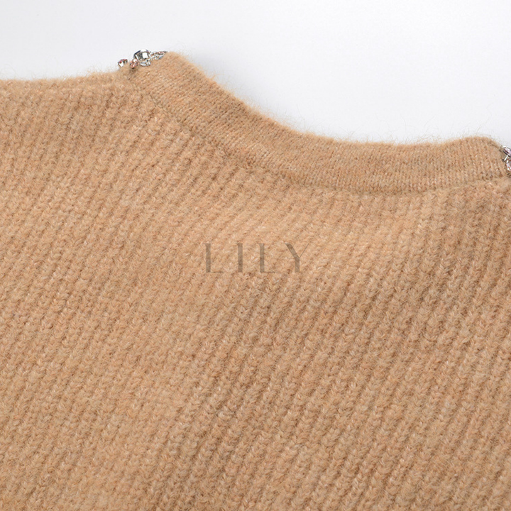 Embellished Round-Neck Wool Knit Cardigan