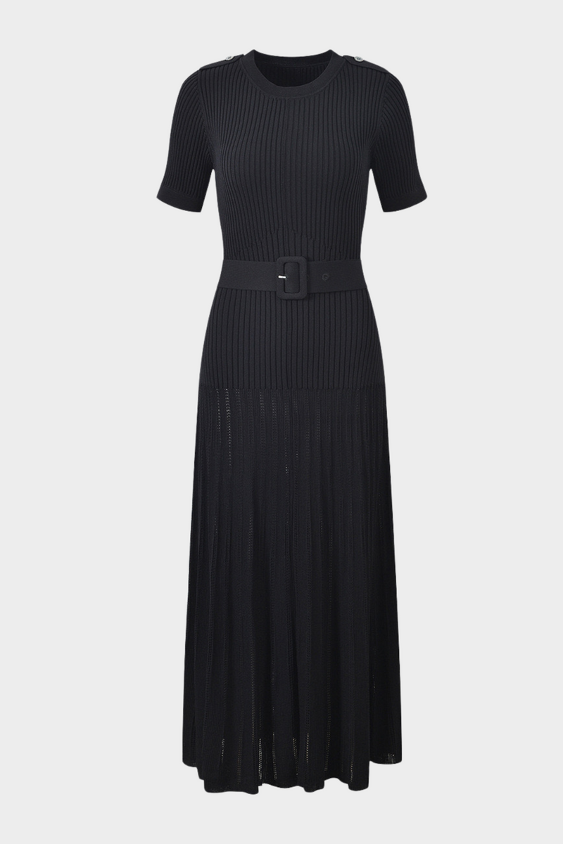 Belted Ribbed Knit  Viscose Pleated Elegance Maxi Dress