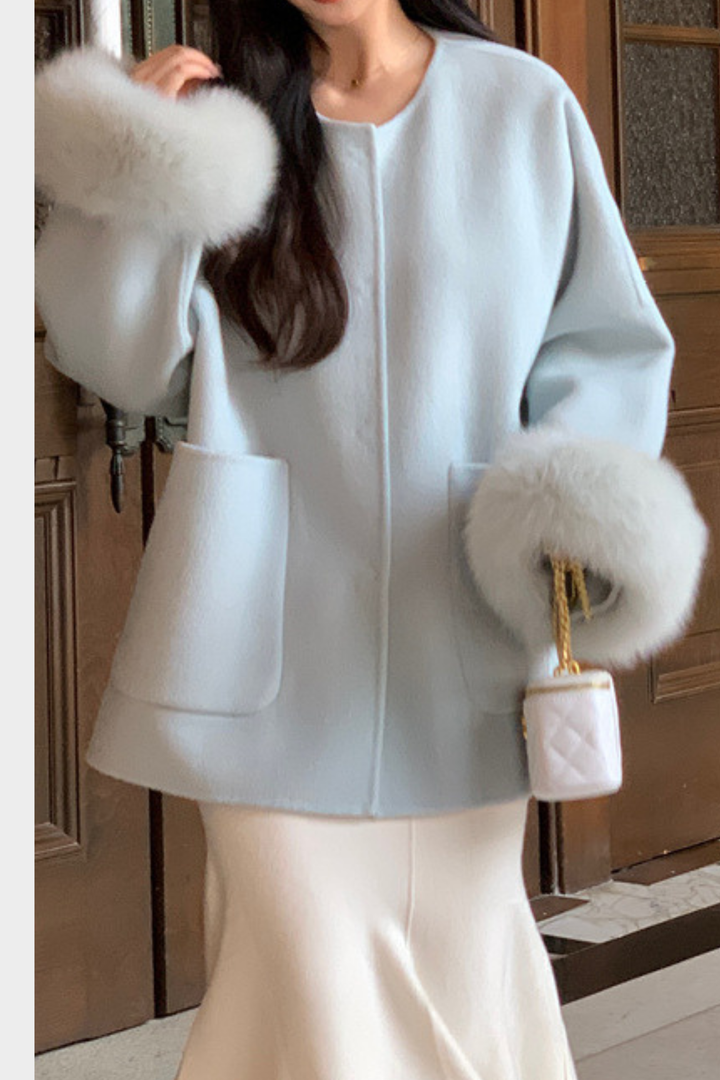 Luxe Double Faced Fox Fur Cuffs Wool Coat