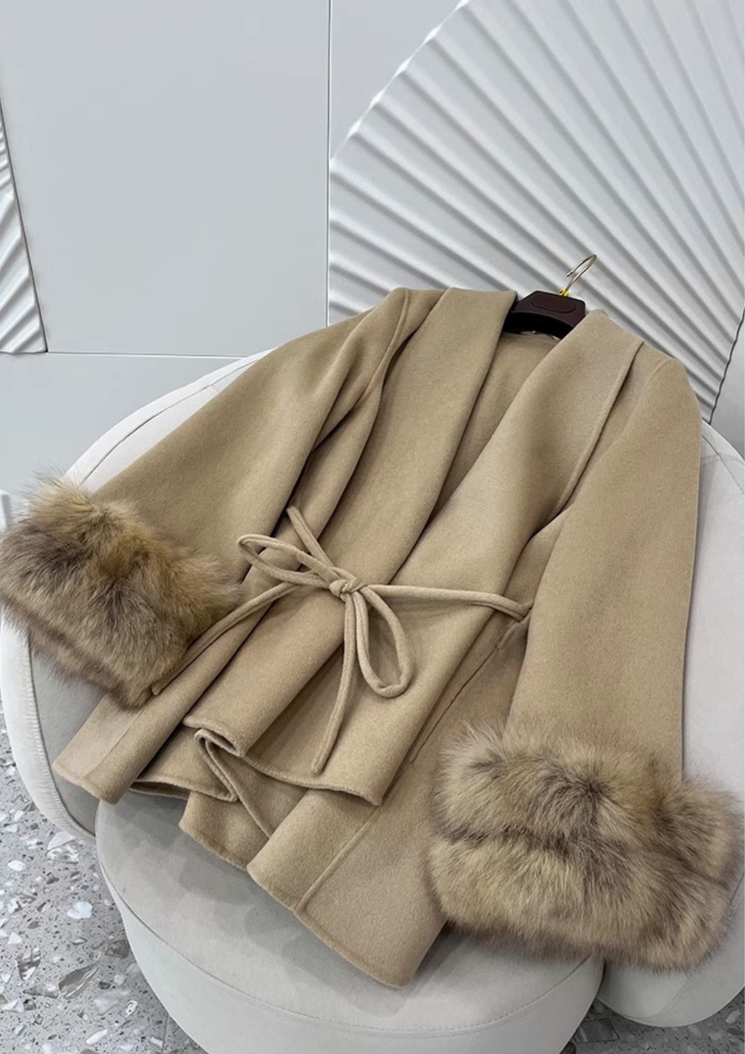 Mid-Length Real Fox Fur Cuffs Wool Coat