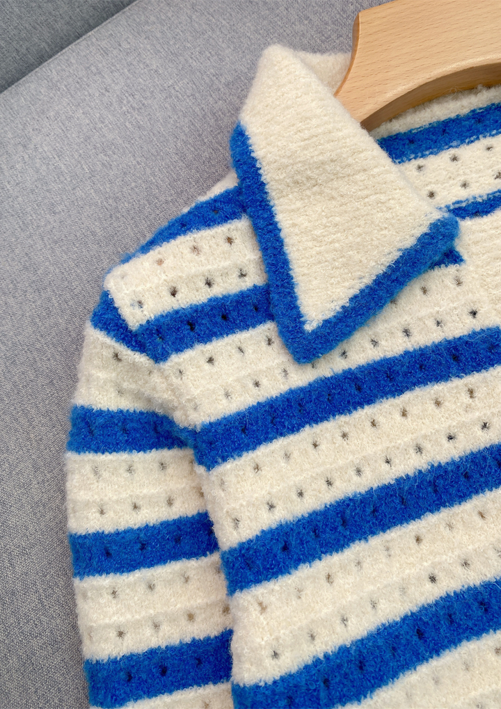 Striped Soft Wool Knit Collared Cardigan