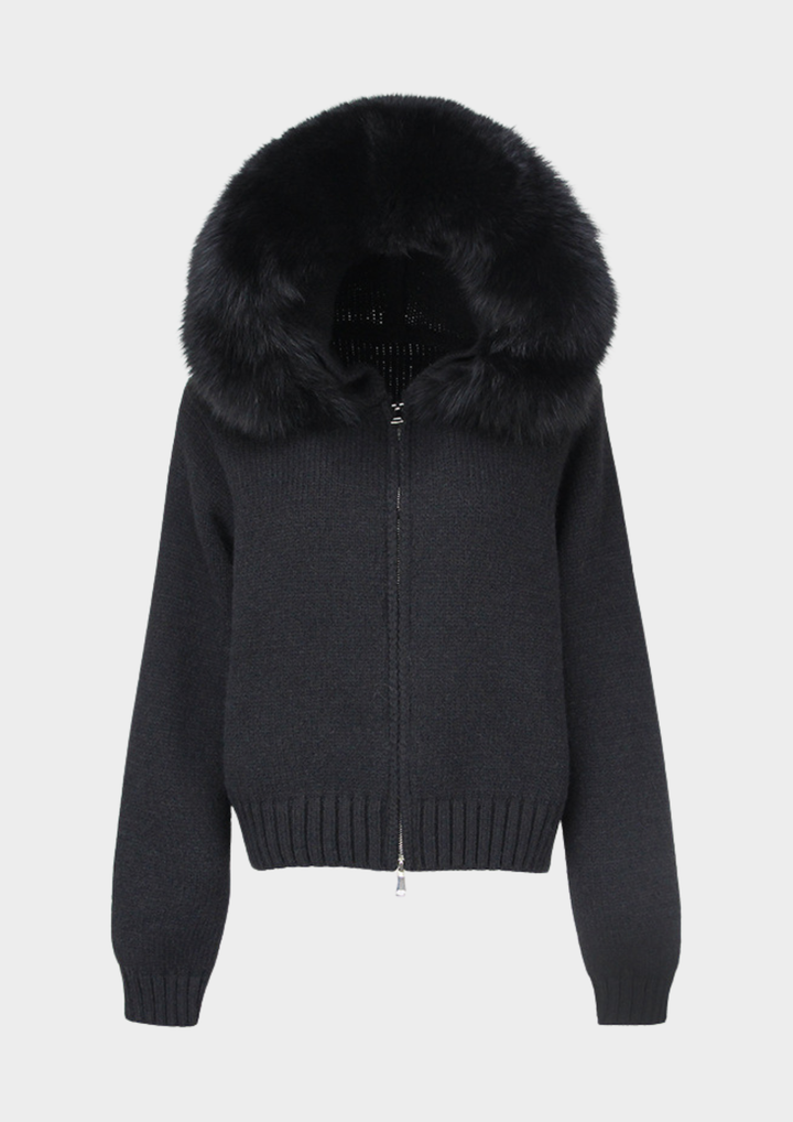 Large Fur Collar Hooded Zipper  Jacket Top