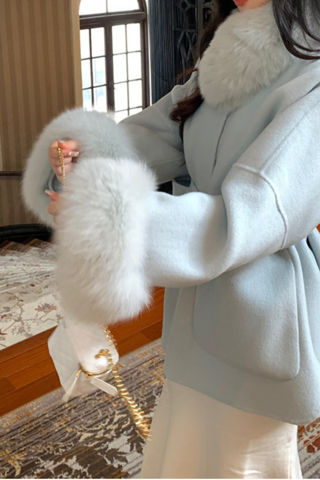Luxe Double Faced Fox Fur Cuffs Wool Coat