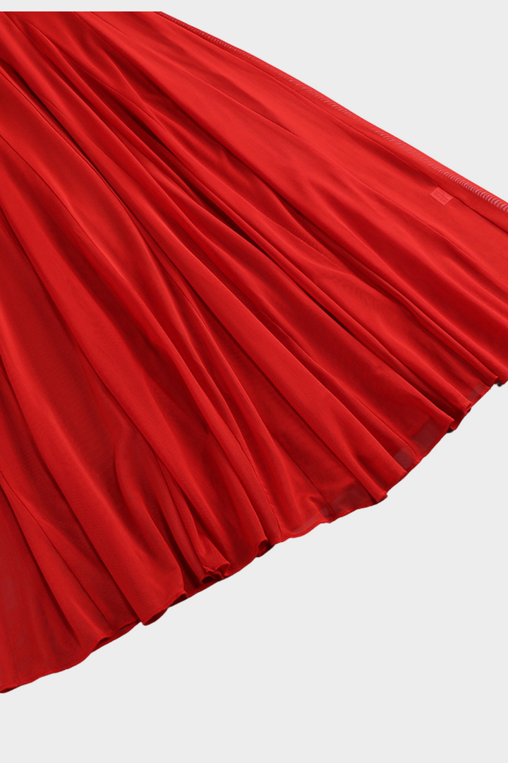 Scarlet Serenity Off Shoulder Ruched Mesh Maxi Dress