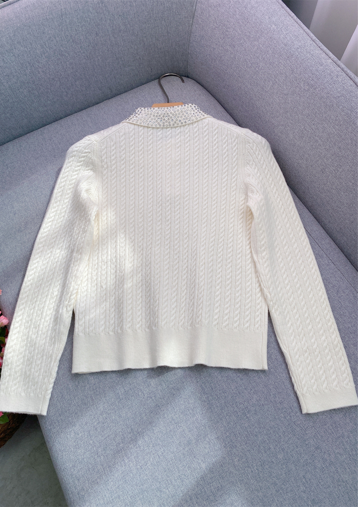 Ivory Wool Crystal Neck Knit Top