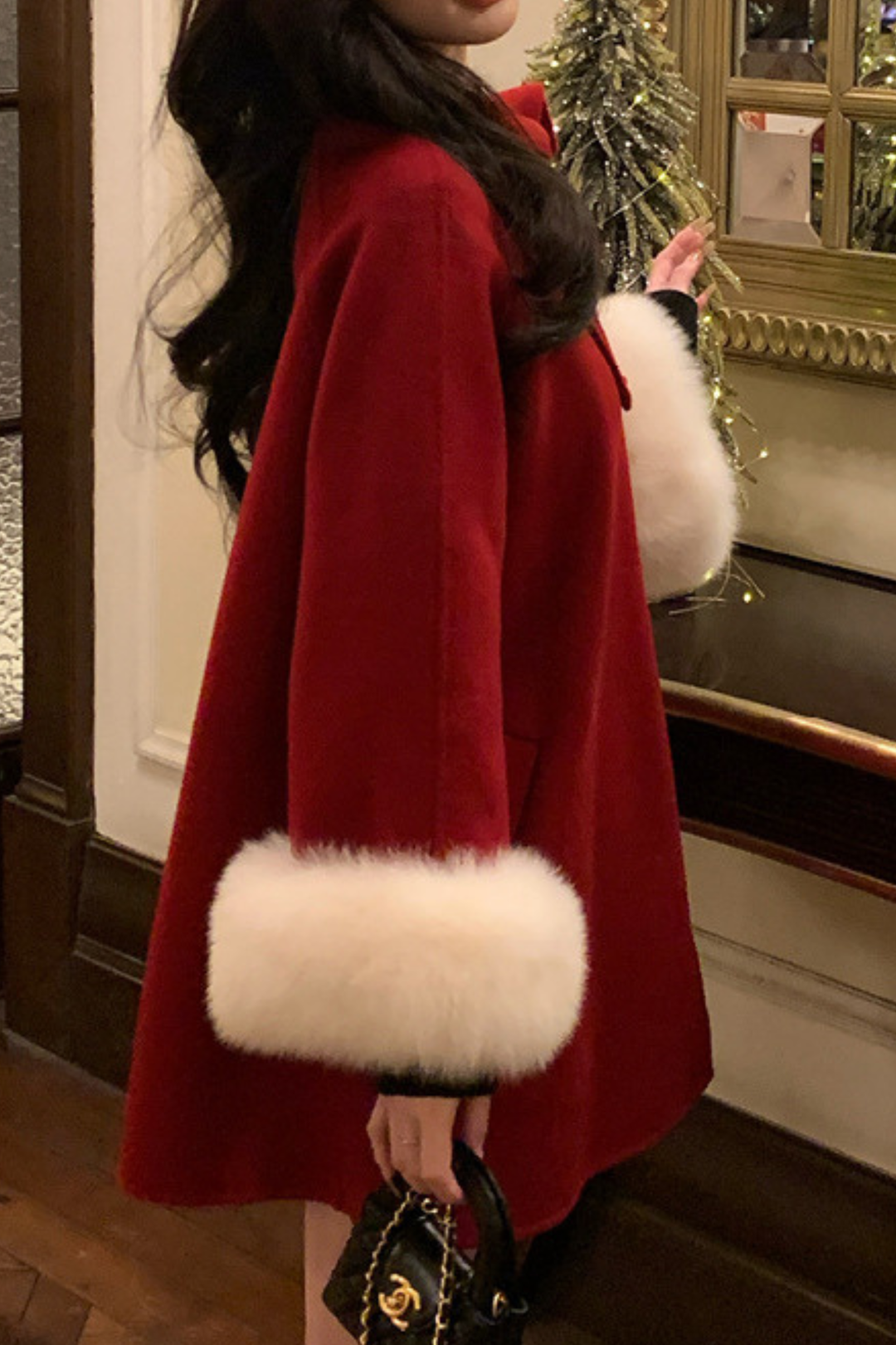 Fox Fur Wool Poncho Bow Statement Cuffs Coat