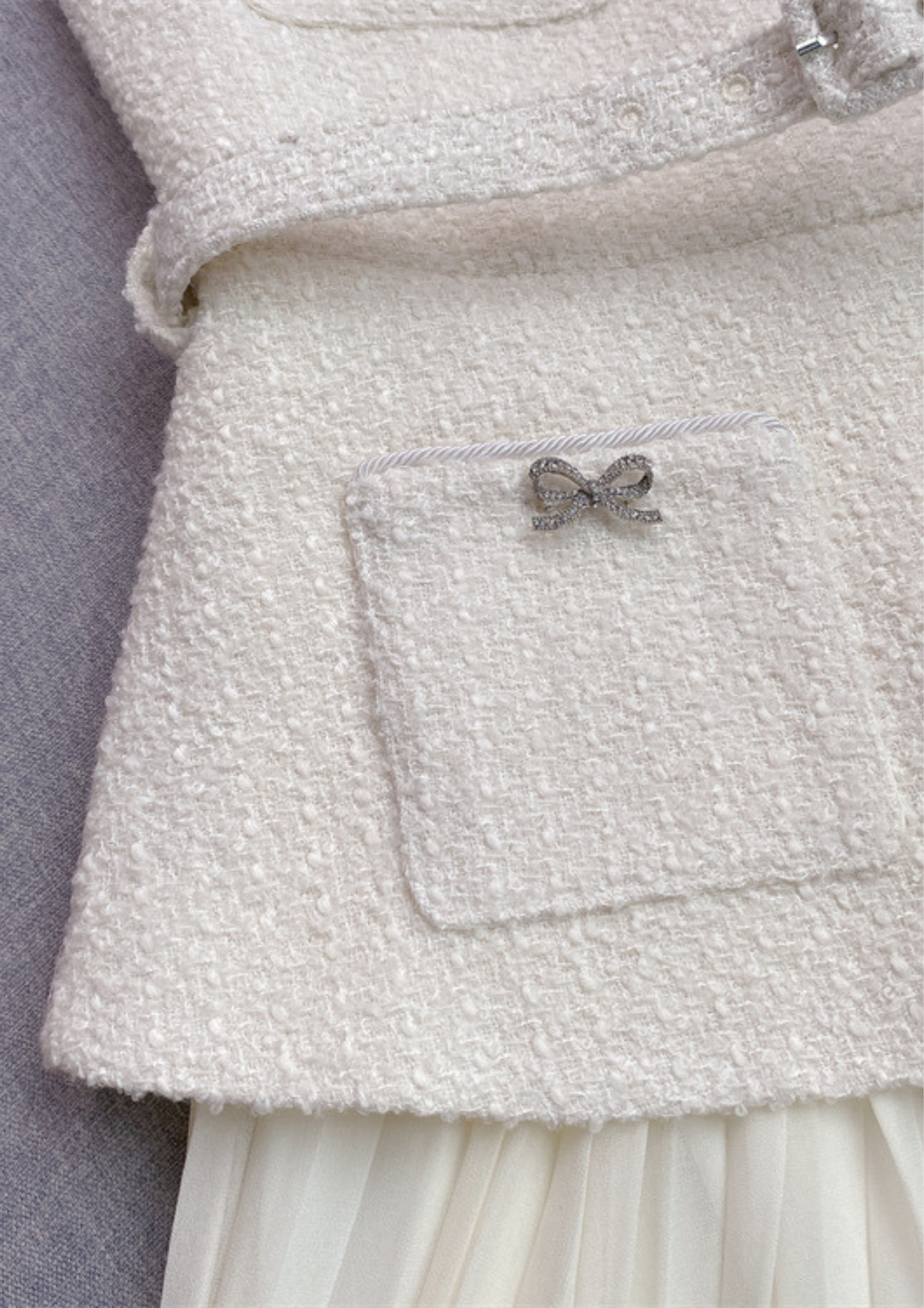 Crystal Bow Elegance Tweed Belted Pleated Maxi Dress