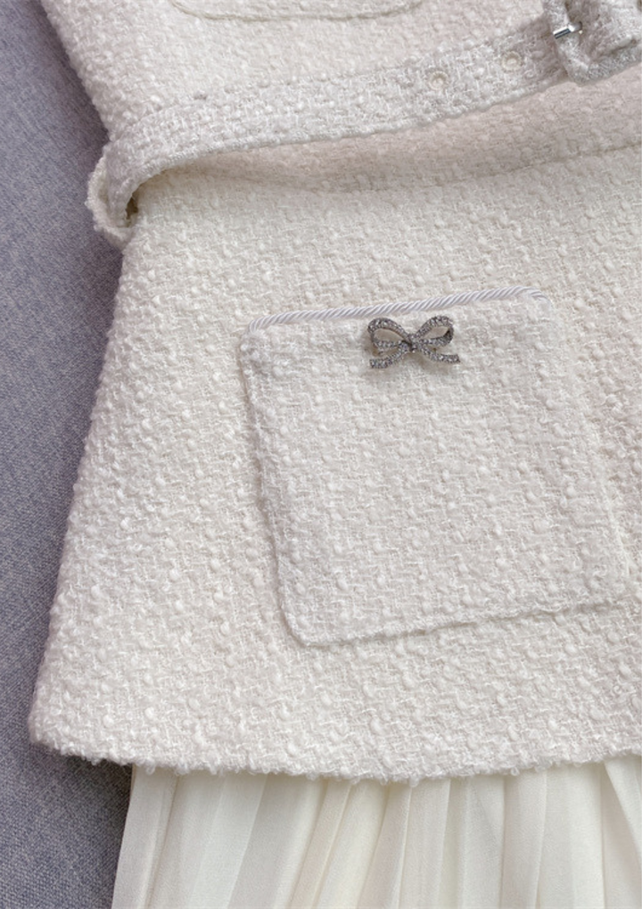 Crystal Bow Elegance Tweed Belted Pleated Maxi Dress