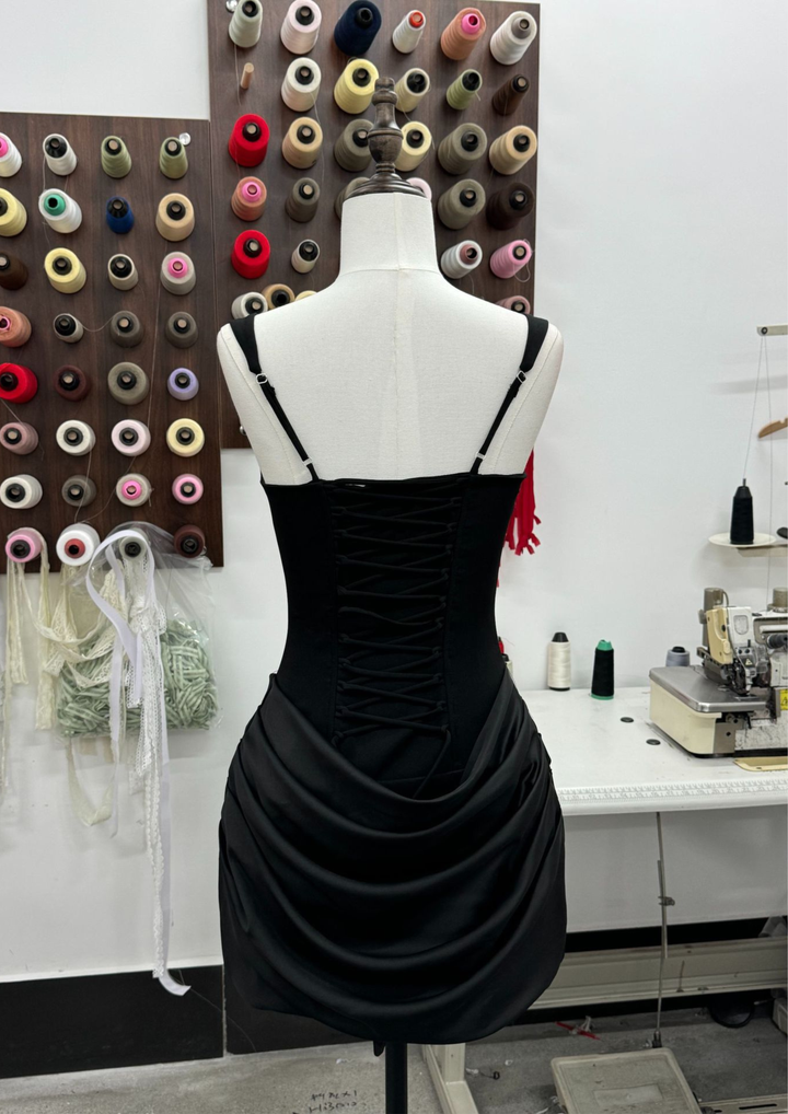 Draped Waist Sculpt Back Lace Mini Dress