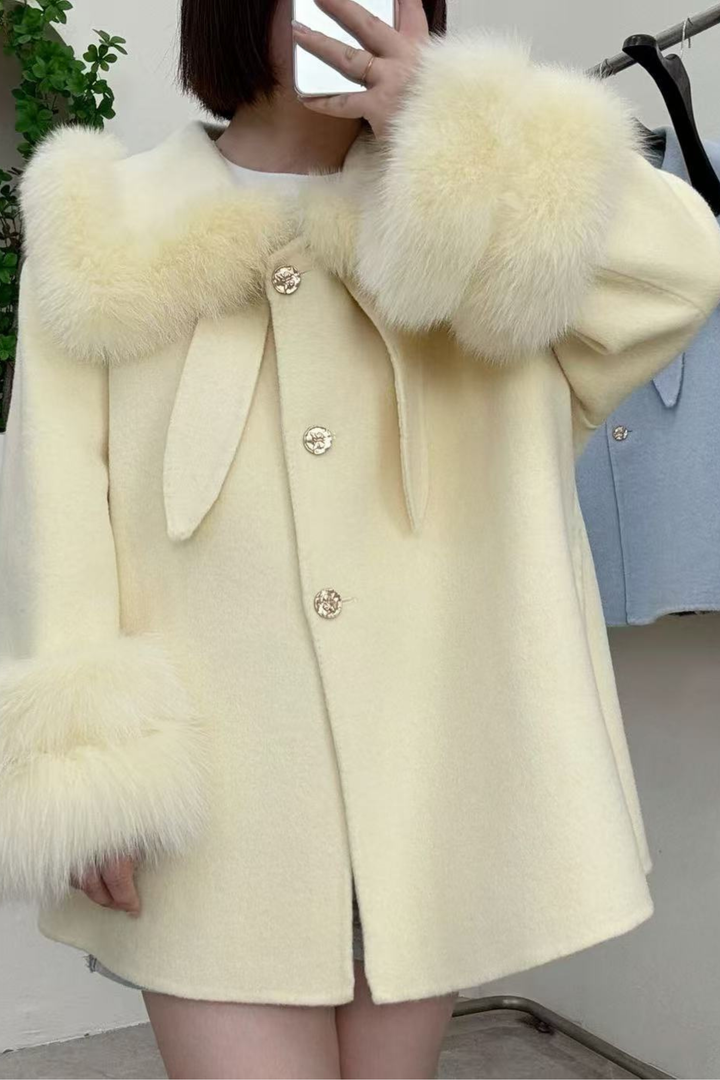 Pastel Plush Fur Collar Cuff Swing Wool Coat