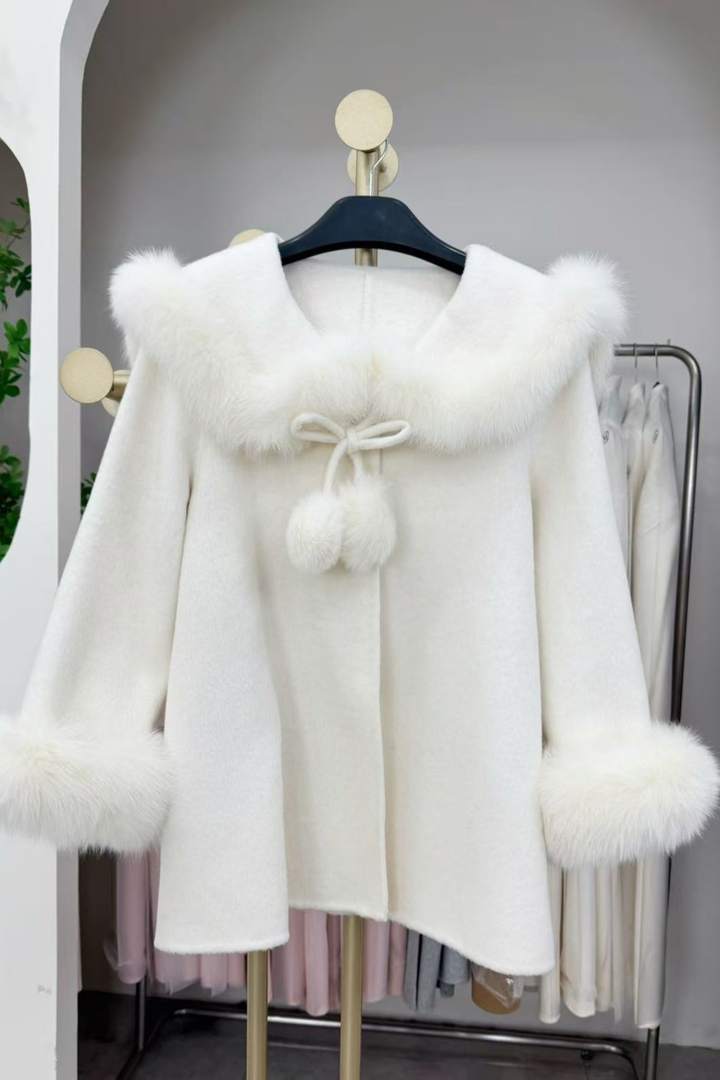 Fox Fur Trim Double Faced Wool Swing Coat