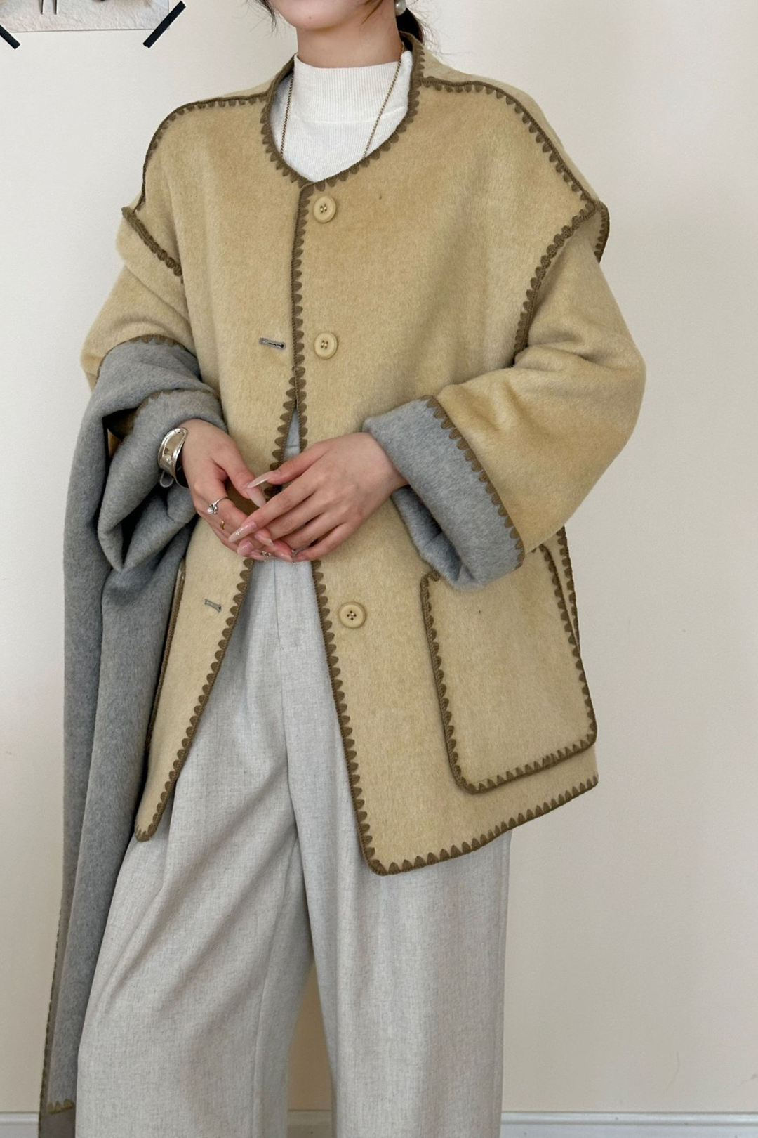 Angelic Soft Stitch Coat Scarf Cardigan - Dessert Grey