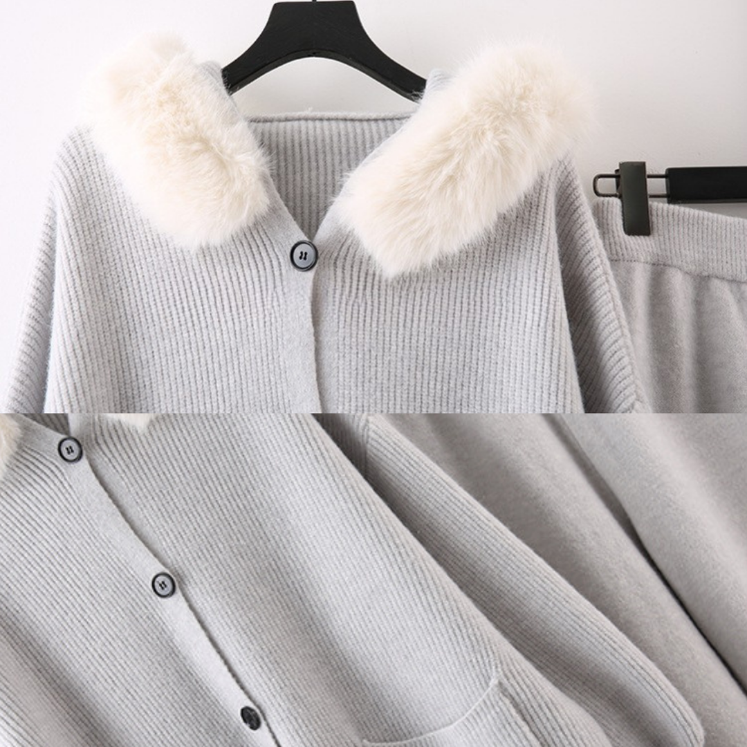 Comfy Gia Fur Collar Wide Leg Hooded Knit Set