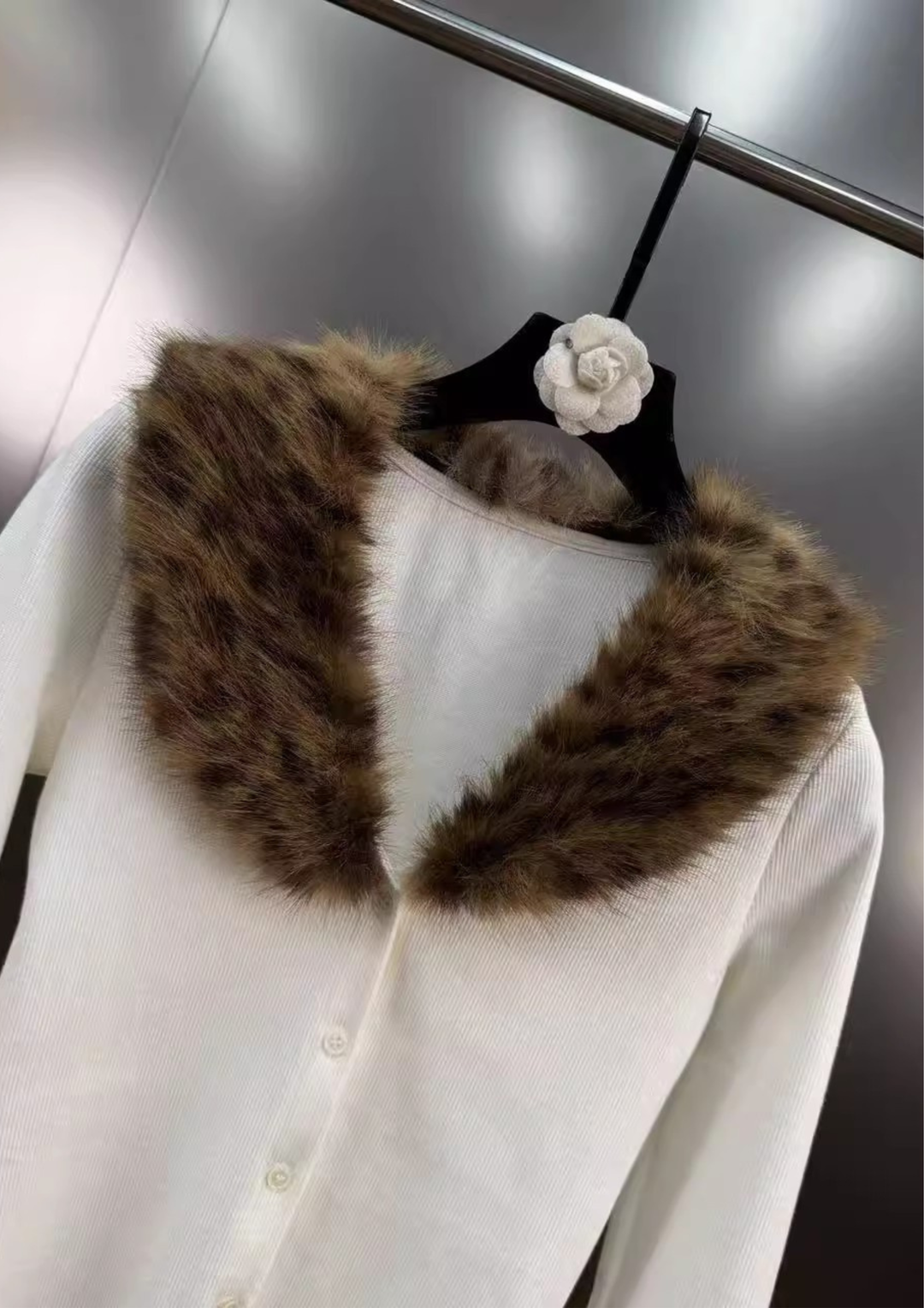 Plush Leopard Fur V Neck Knit Cardigan Top