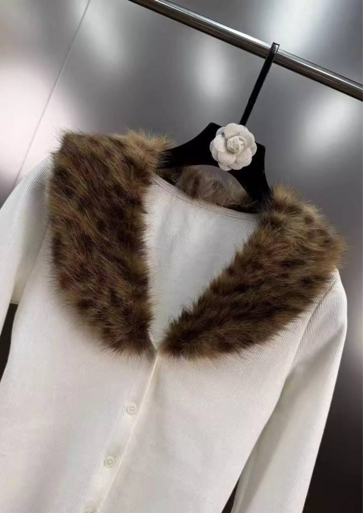 Plush Leopard Fur V Neck Knit Cardigan Top