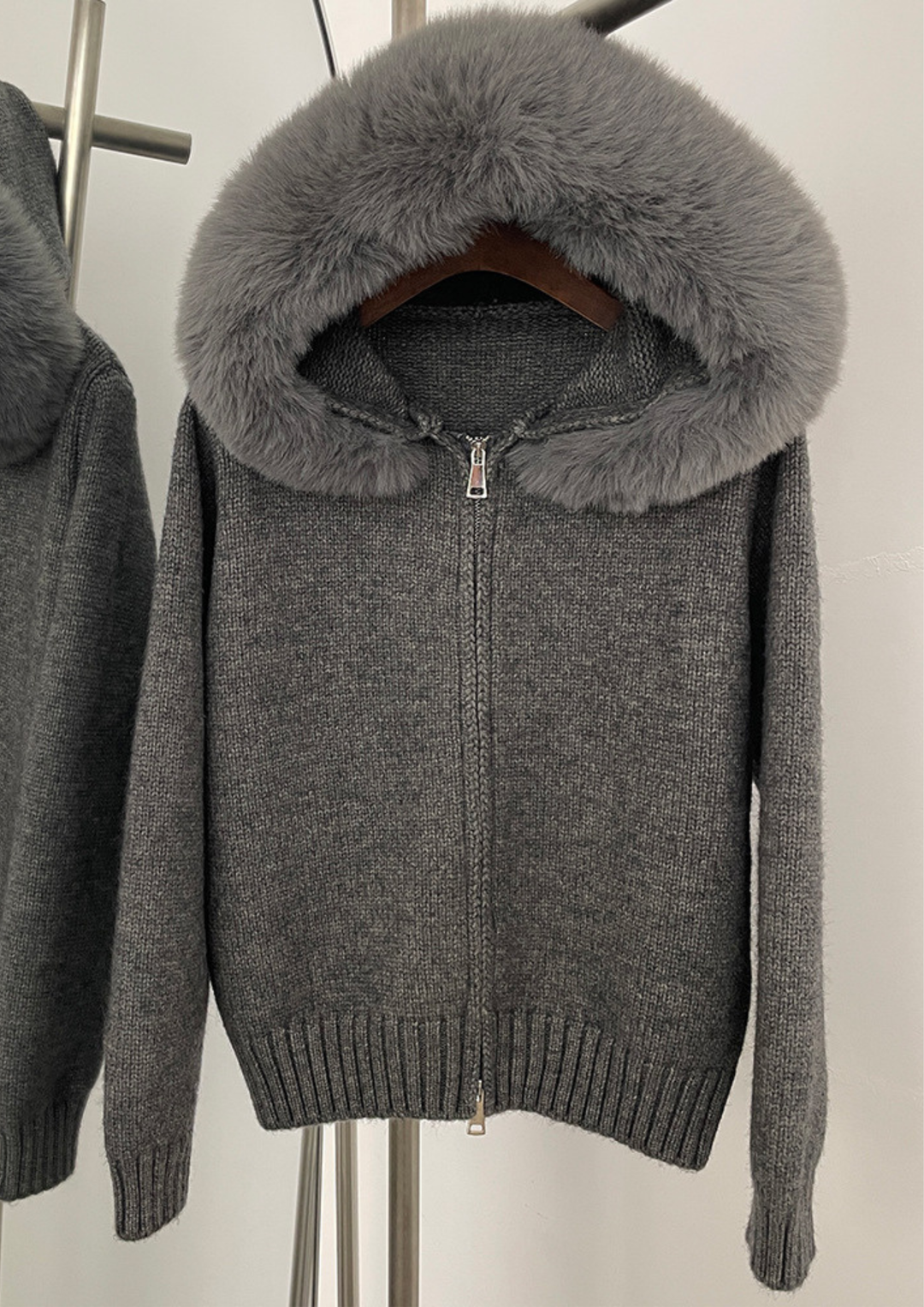 Fox Fur Collar Soft Wool Hooded Cardigan Top