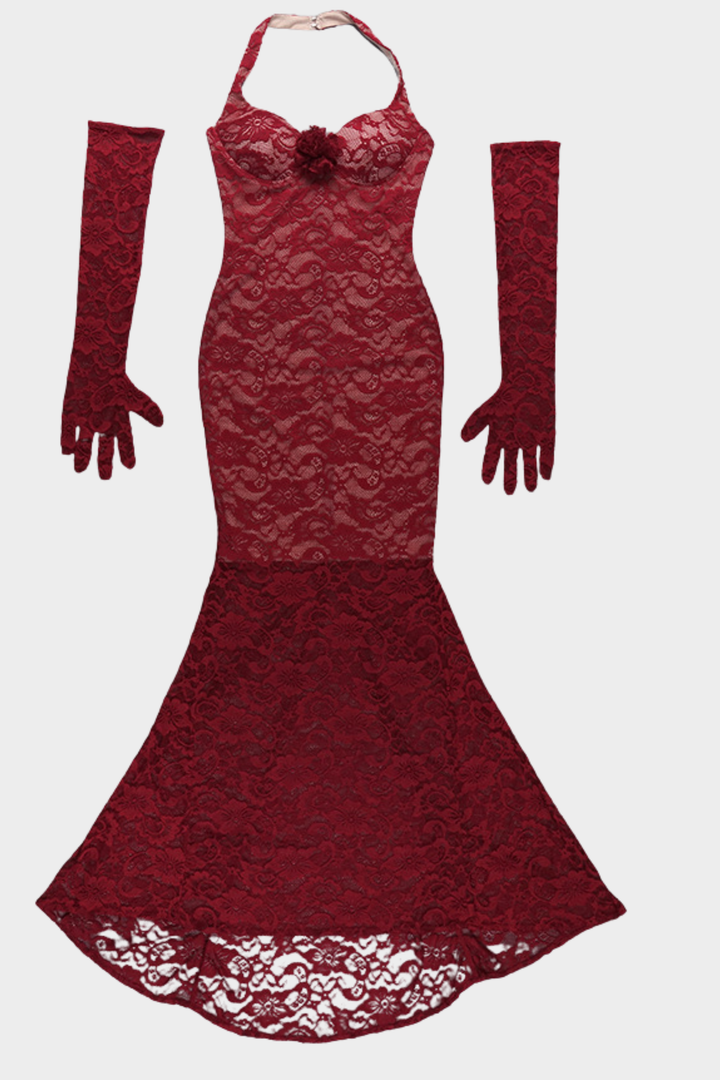 Scarlet Fishtail Elegance Lace Halter Maxi Dress