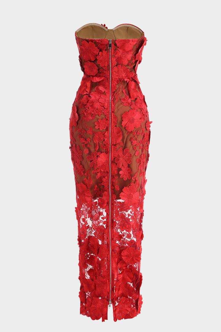 Noir Chic Floral Mesh Maxi Strapless Maxi Dress