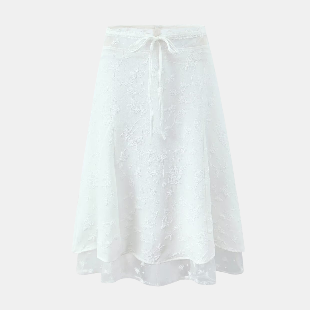 White Embroidered Lace Top & Midi Layered Skirt - Set