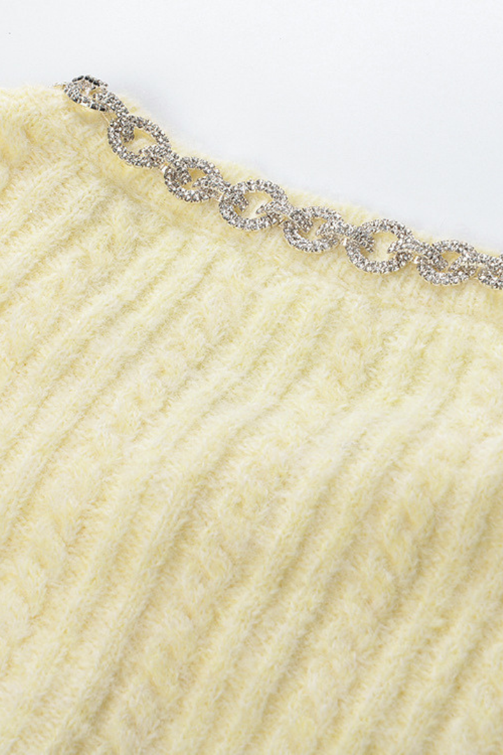 Wool Diamond Embellished Round Neck Short Cardigan