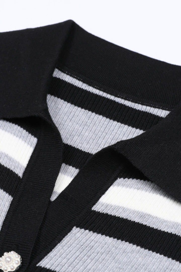 Flared Cuff Striped Knit Pearl Buttoned  Top