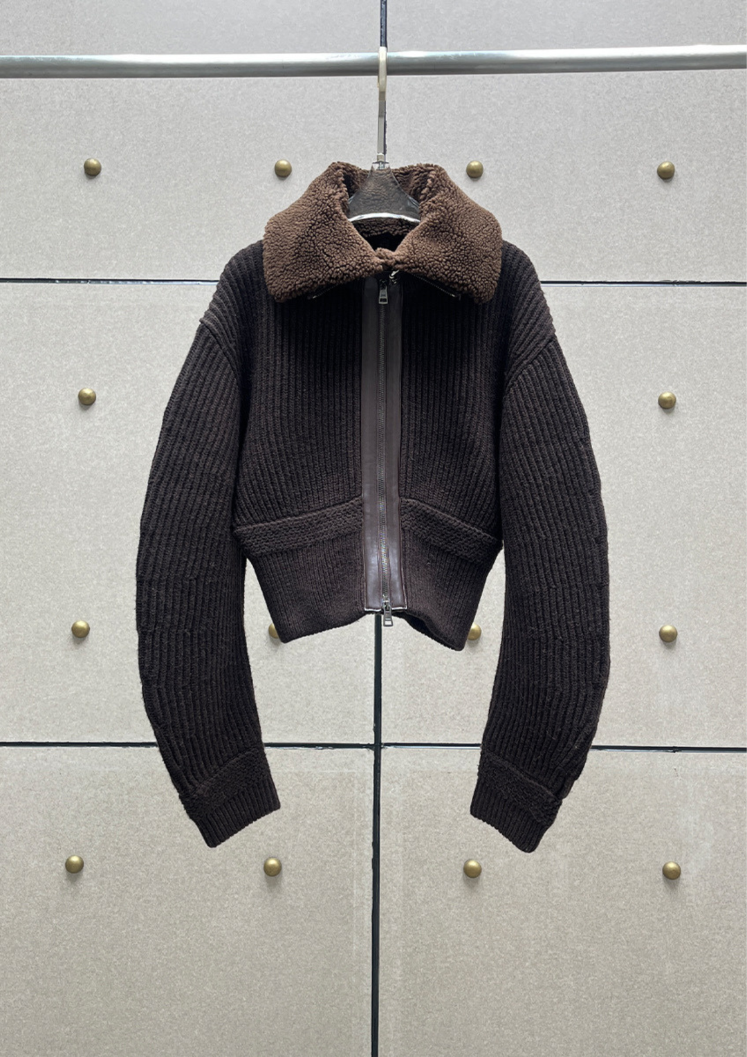 Shearling Collar Knit Zip Jacket