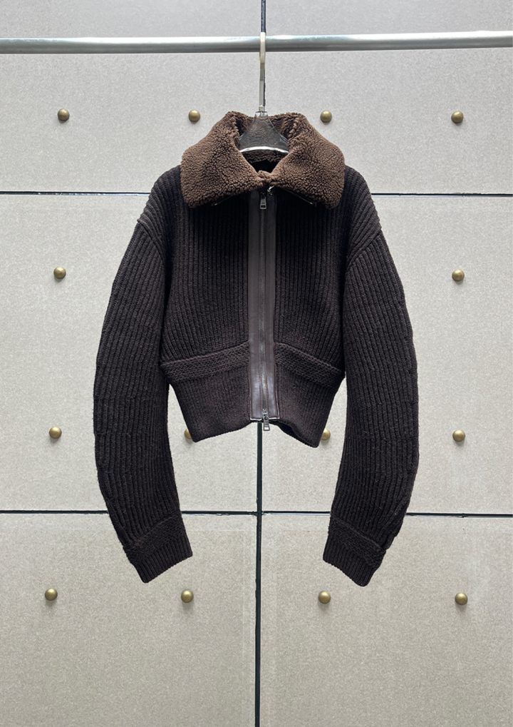Shearling Collar Knit Zip Jacket