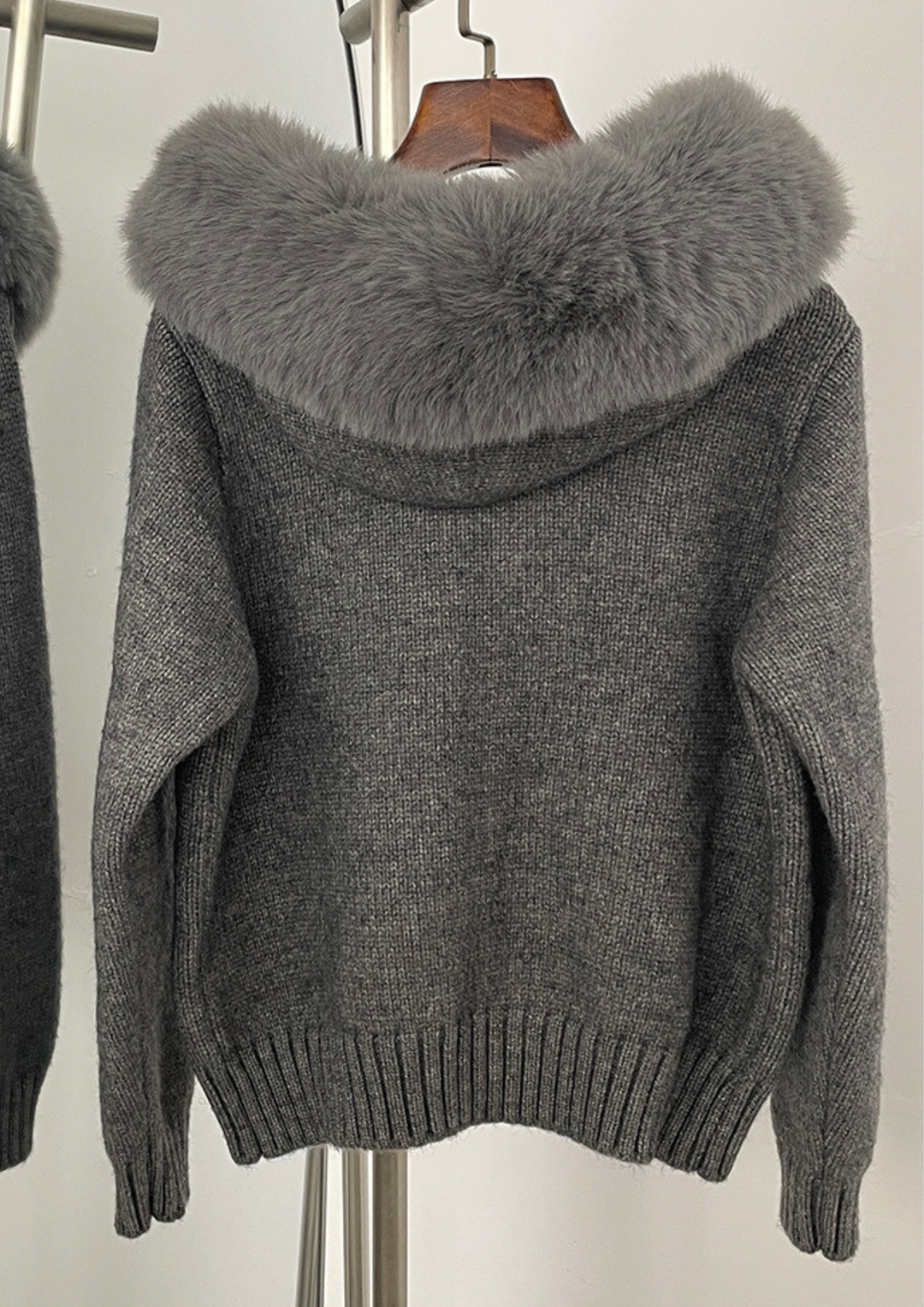 Fox Fur Collar Soft Wool Hooded Cardigan Top